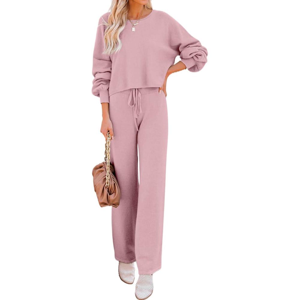 imageEkouaer Knit Lounge Sets for Women 2 Piece Cozy Long Sleeve Pullover Sweater Top and Wide Leg Pants Set Pajamas OutfitsPink