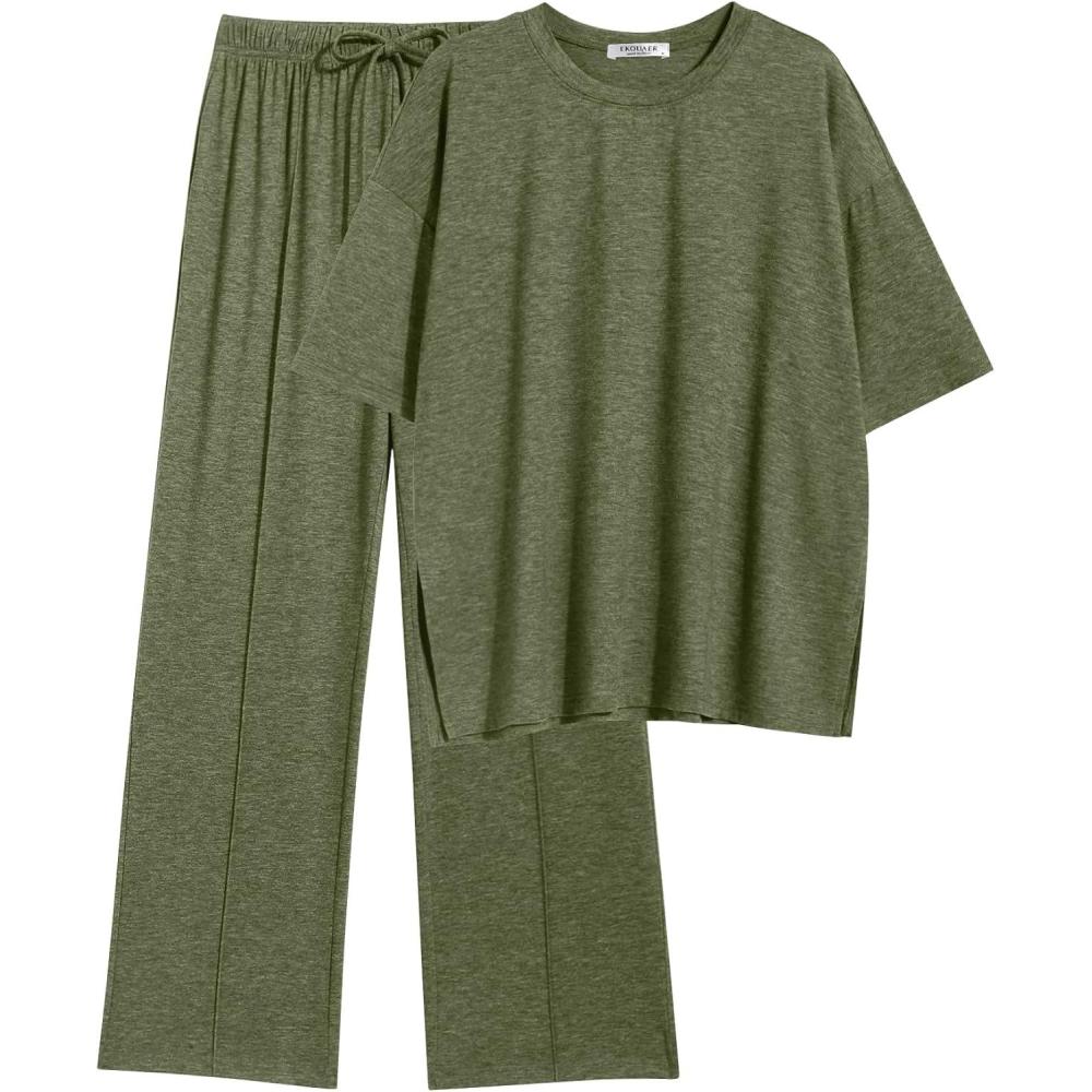 imageEkouaer Lounge Sets for Women Short Sleeve Pullover Tops and Long Pants Soft Pajamas Set 2 Piece Outfits SXXLArmy Green