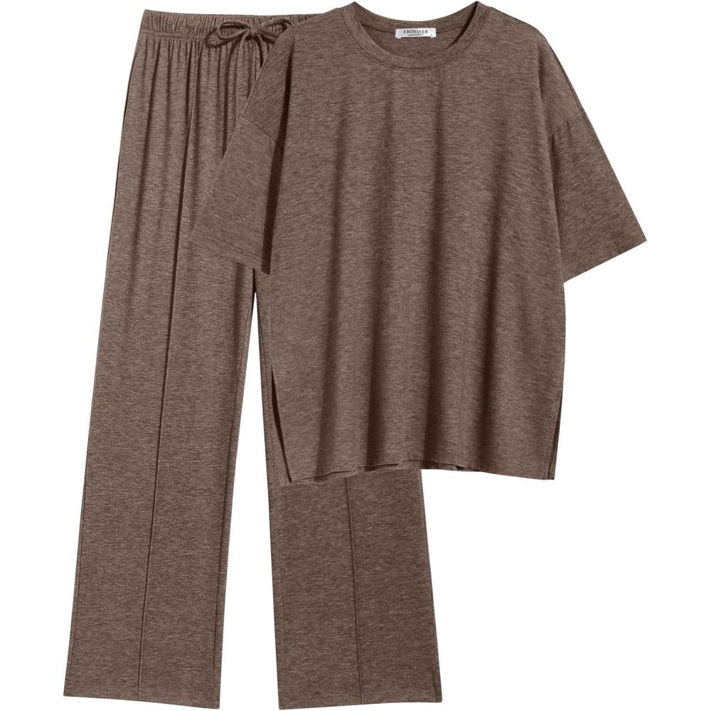 imageEkouaer Lounge Sets for Women Short Sleeve Pullover Tops and Long Pants Soft Pajamas Set 2 Piece Outfits SXXLBrown