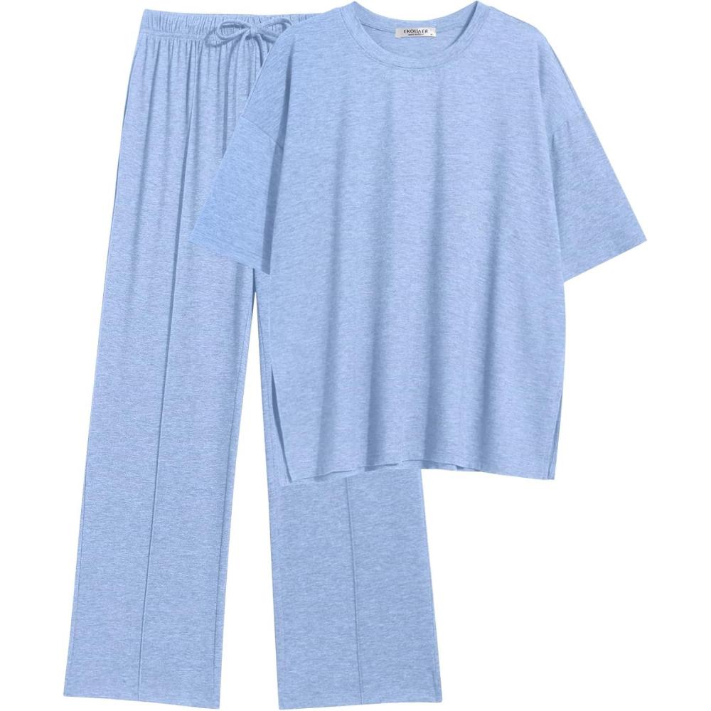imageEkouaer Lounge Sets for Women Short Sleeve Pullover Tops and Long Pants Soft Pajamas Set 2 Piece Outfits SXXLClear Blue