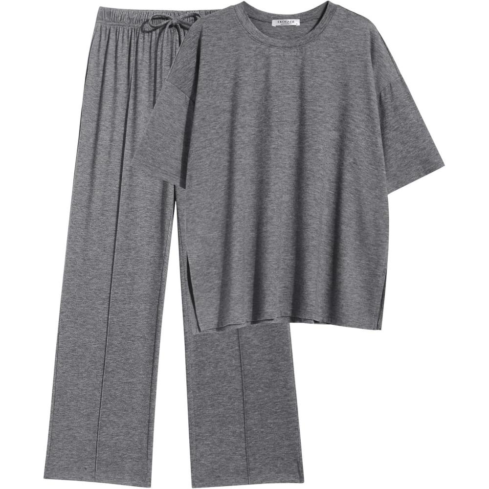 imageEkouaer Lounge Sets for Women Short Sleeve Pullover Tops and Long Pants Soft Pajamas Set 2 Piece Outfits SXXLDark Grey