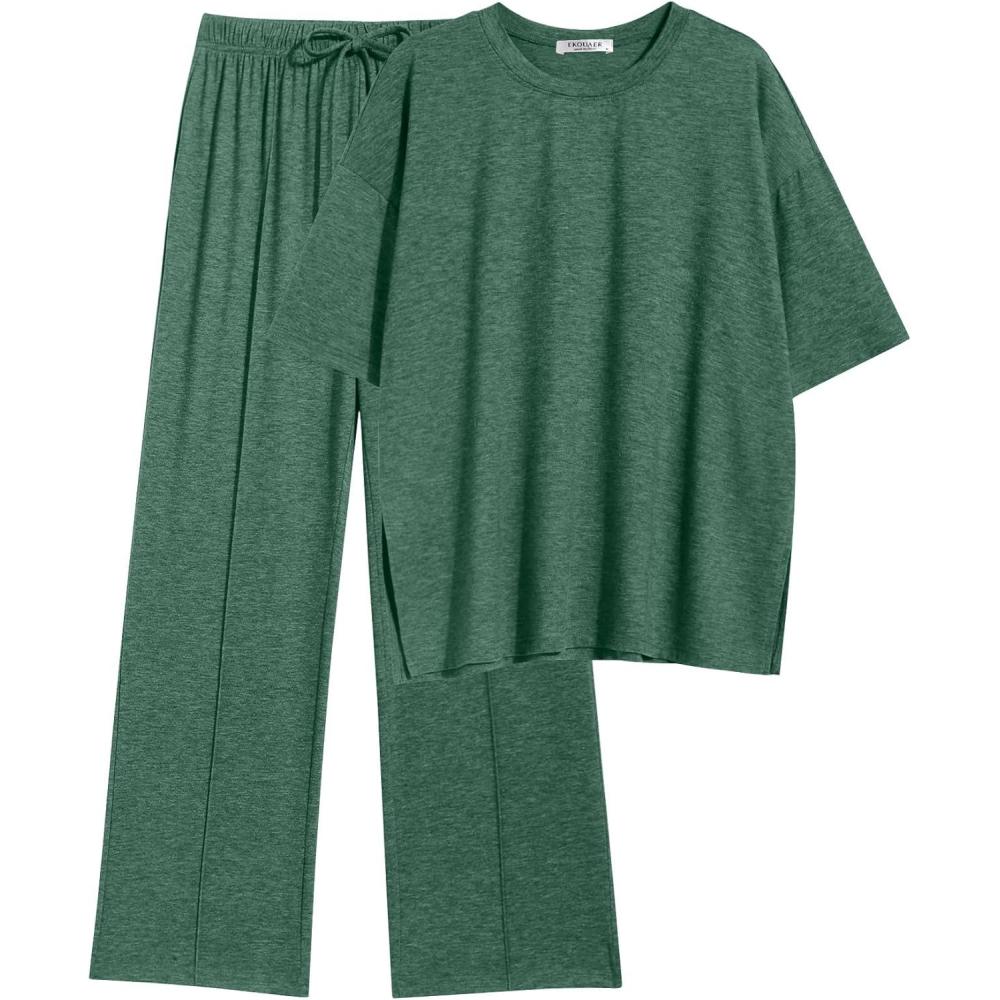 imageEkouaer Lounge Sets for Women Short Sleeve Pullover Tops and Long Pants Soft Pajamas Set 2 Piece Outfits SXXLGreen