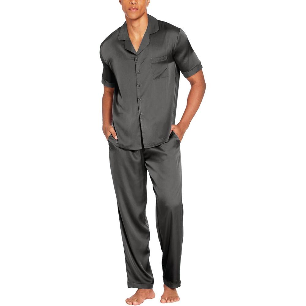 imageEkouaer Men Satin Silk Pajamas Set 2 Piece Button Down Sleepwear Long Pants Loungewear with PocketsDark Gray
