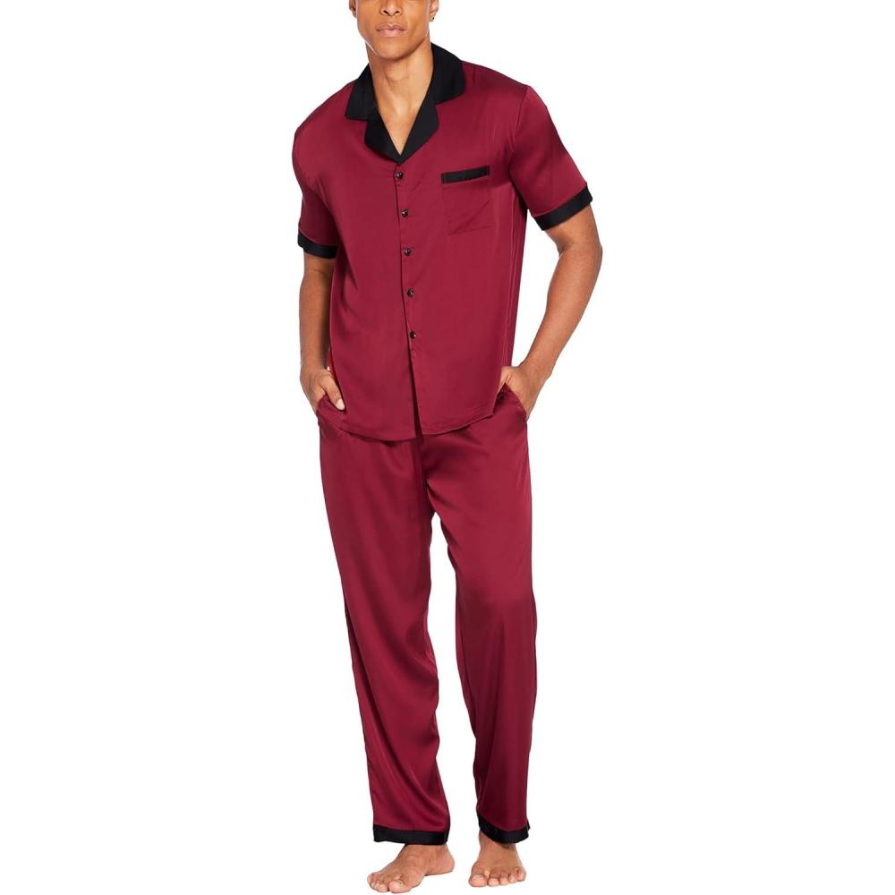 imageEkouaer Men Satin Silk Pajamas Set 2 Piece Button Down Sleepwear Long Pants Loungewear with PocketsDark Red