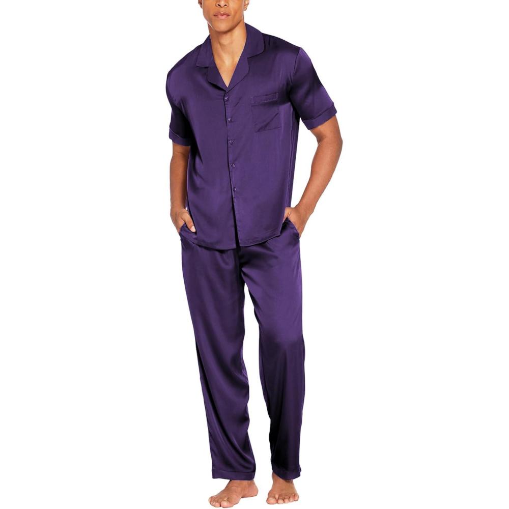 imageEkouaer Men Satin Silk Pajamas Set 2 Piece Button Down Sleepwear Long Pants Loungewear with PocketsDeep Purple