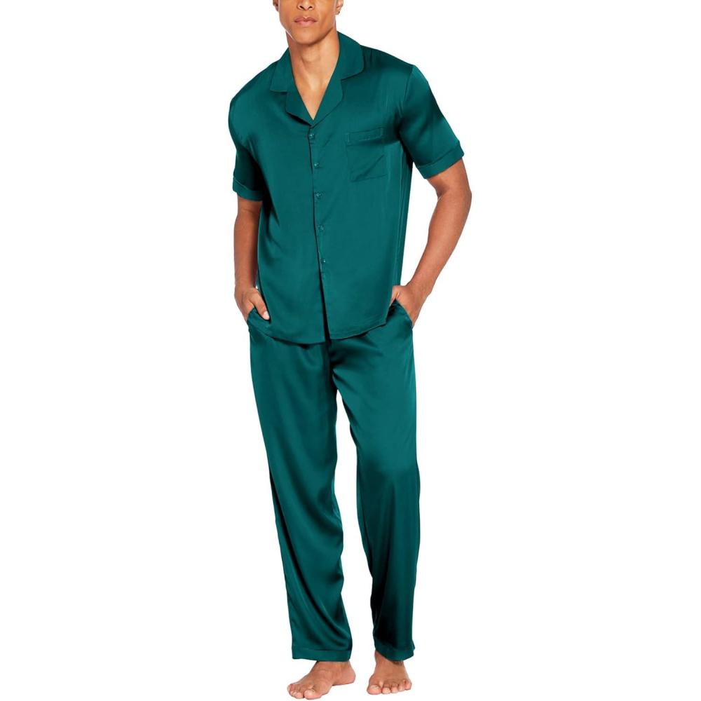 imageEkouaer Men Satin Silk Pajamas Set 2 Piece Button Down Sleepwear Long Pants Loungewear with PocketsGreen
