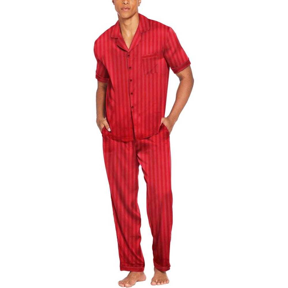 imageEkouaer Men Satin Silk Pajamas Set 2 Piece Button Down Sleepwear Long Pants Loungewear with PocketsRed Small Stripe