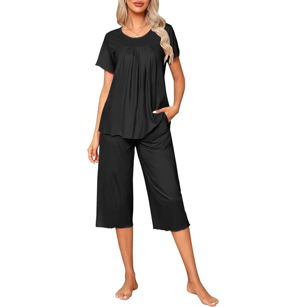 imageEkouaer Pajama Set for Women 2 Piece Capri Pants Short Sleeve Top Sleepwear Soft Pjs Loungewear with Pockets S3XLBlack