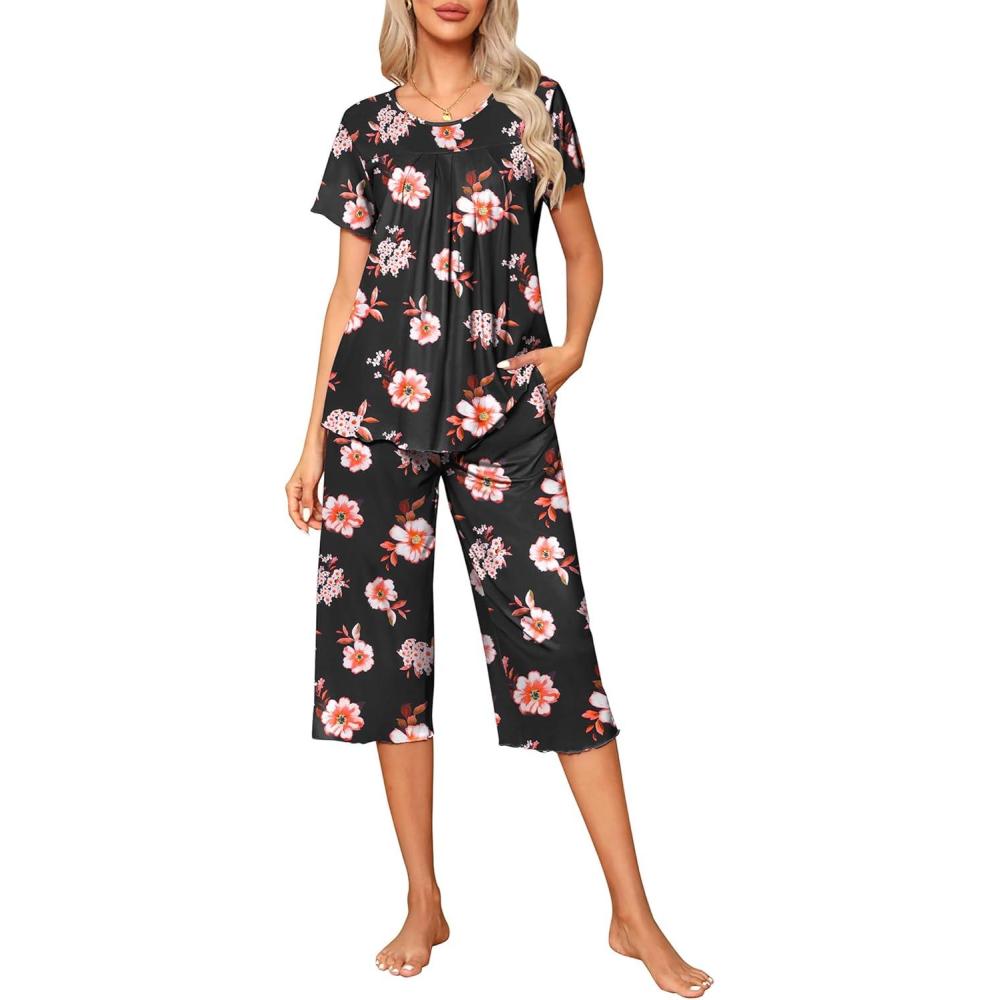 imageEkouaer Pajama Set for Women 2 Piece Capri Pants Short Sleeve Top Sleepwear Soft Pjs Loungewear with Pockets S3XLBlack Flowers