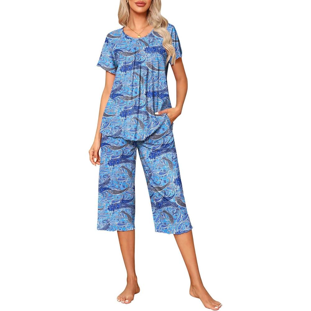 imageEkouaer Pajama Set for Women 2 Piece Capri Pants Short Sleeve Top Sleepwear Soft Pjs Loungewear with Pockets S3XLBlue Cashew
