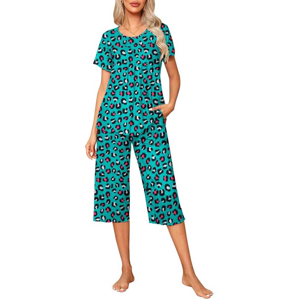 imageEkouaer Pajama Set for Women 2 Piece Capri Pants Short Sleeve Top Sleepwear Soft Pjs Loungewear with Pockets S3XLGreen Leopard