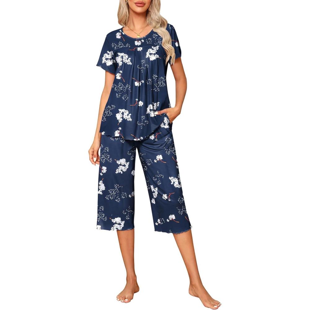 imageEkouaer Pajama Set for Women 2 Piece Capri Pants Short Sleeve Top Sleepwear Soft Pjs Loungewear with Pockets S3XLNavy Blue Flowers