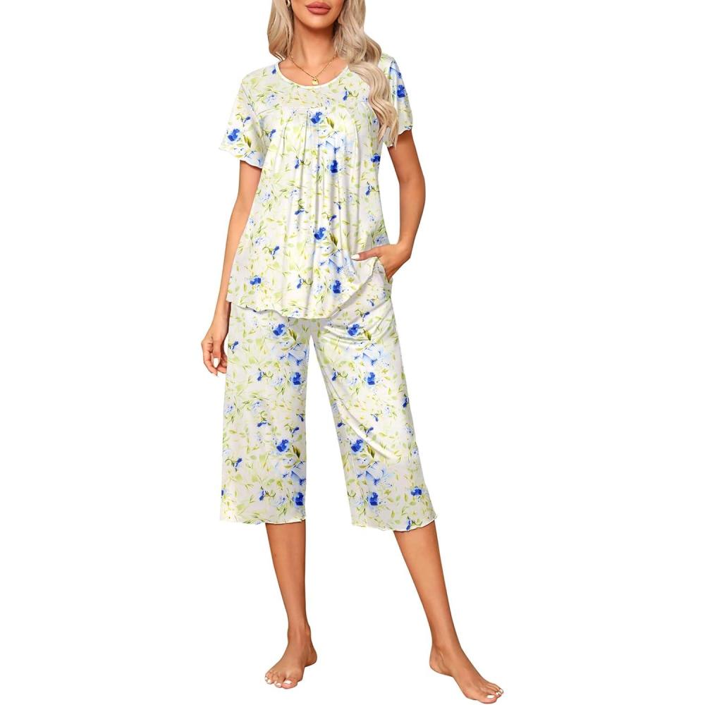 imageEkouaer Pajama Set for Women 2 Piece Capri Pants Short Sleeve Top Sleepwear Soft Pjs Loungewear with Pockets S3XLWhite Flowers
