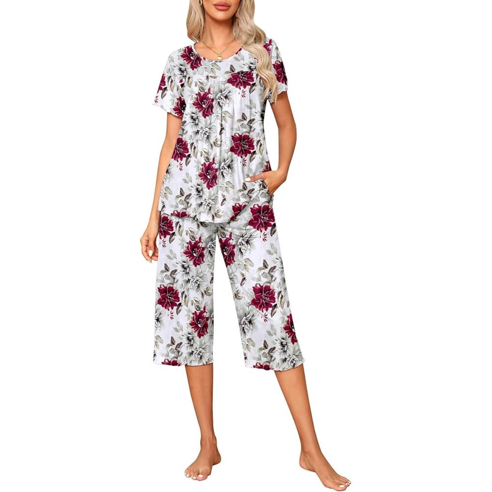 imageEkouaer Pajama Set for Women 2 Piece Capri Pants Short Sleeve Top Sleepwear Soft Pjs Loungewear with Pockets S3XLWine Red Flower