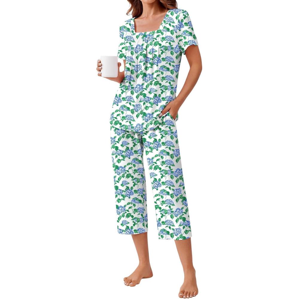 imageEkouaer Pajama Set for Women Short Sleeve Top With Capri Pants Pjs 2 Piece Square Neck Loungewear Soft Sleepwear with PocketsBlue Flower