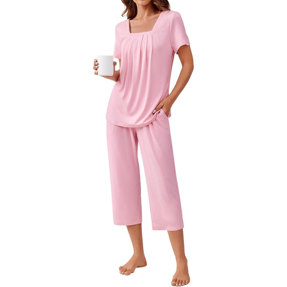 imageEkouaer Pajama Set for Women Short Sleeve Top With Capri Pants Pjs 2 Piece Square Neck Loungewear Soft Sleepwear with PocketsVeiled Rose