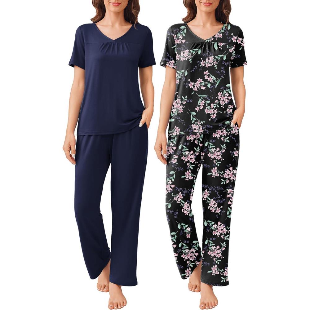 imageEkouaer Pajama Sets for Women 2 Pack Short Sleeve with Long Pant Pjs Sleepwear Comfy Lounge Sets with PocketsBlack Flowers Navy Blue