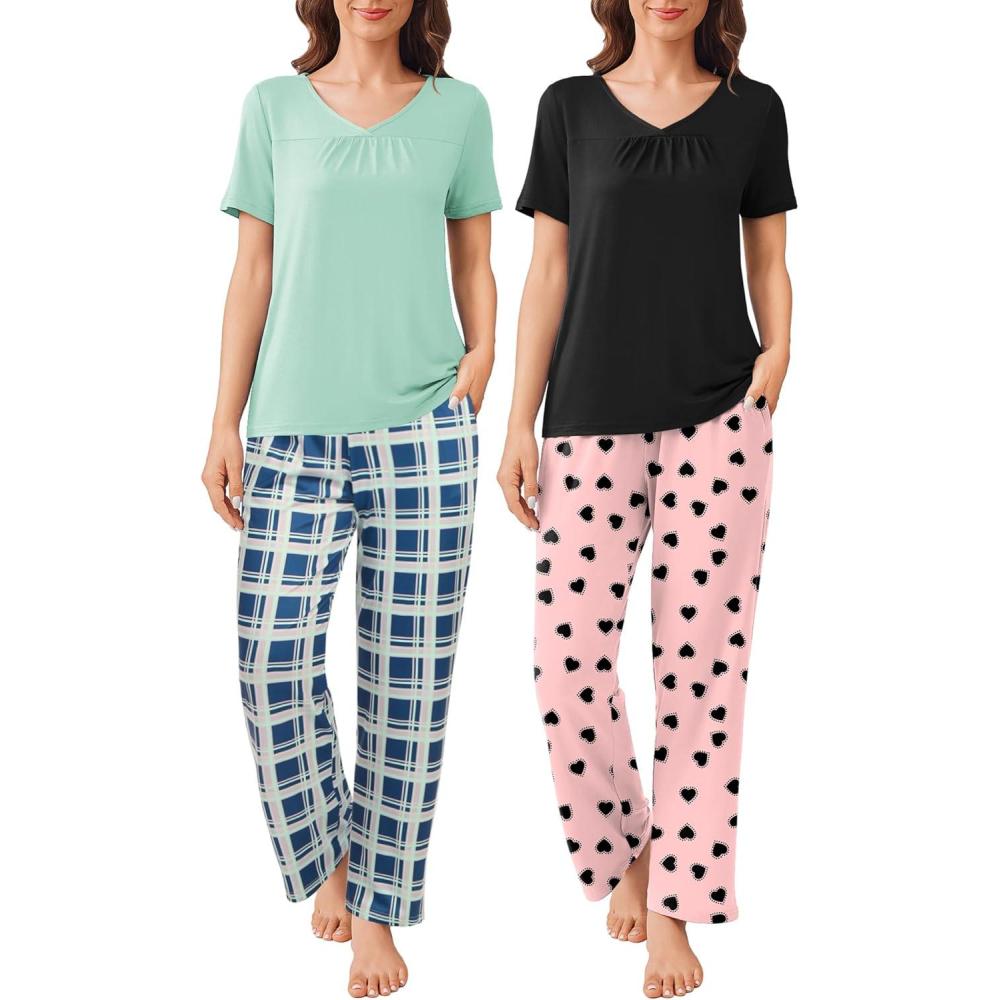 imageEkouaer Pajama Sets for Women 2 Pack Short Sleeve with Long Pant Pjs Sleepwear Comfy Lounge Sets with PocketsBlack PinkGreen Blue