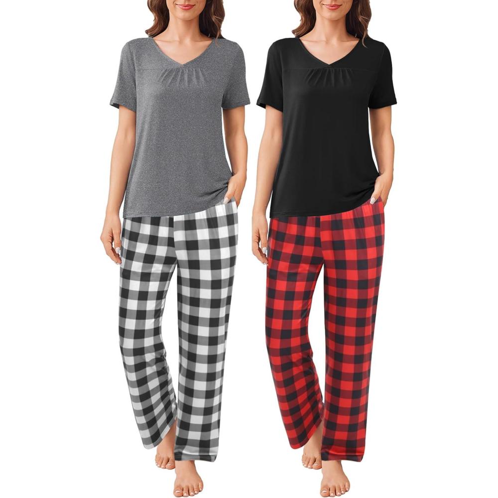 imageEkouaer Pajama Sets for Women 2 Pack Short Sleeve with Long Pant Pjs Sleepwear Comfy Lounge Sets with PocketsBlack RedDark Grey