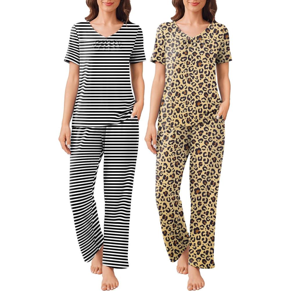 imageEkouaer Pajama Sets for Women 2 Pack Short Sleeve with Long Pant Pjs Sleepwear Comfy Lounge Sets with PocketsBlack StripedBrown Leopard