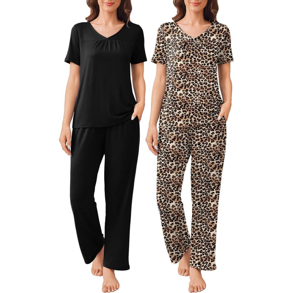 imageEkouaer Pajama Sets for Women 2 Pack Short Sleeve with Long Pant Pjs Sleepwear Comfy Lounge Sets with PocketsBlackBrown Leopard