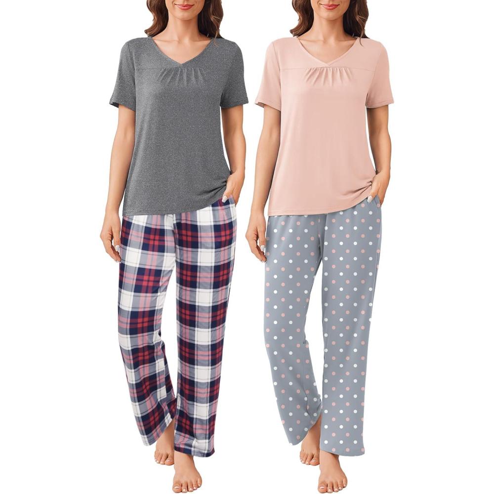 imageEkouaer Pajama Sets for Women 2 Pack Short Sleeve with Long Pant Pjs Sleepwear Comfy Lounge Sets with PocketsDark GrayLight Pink