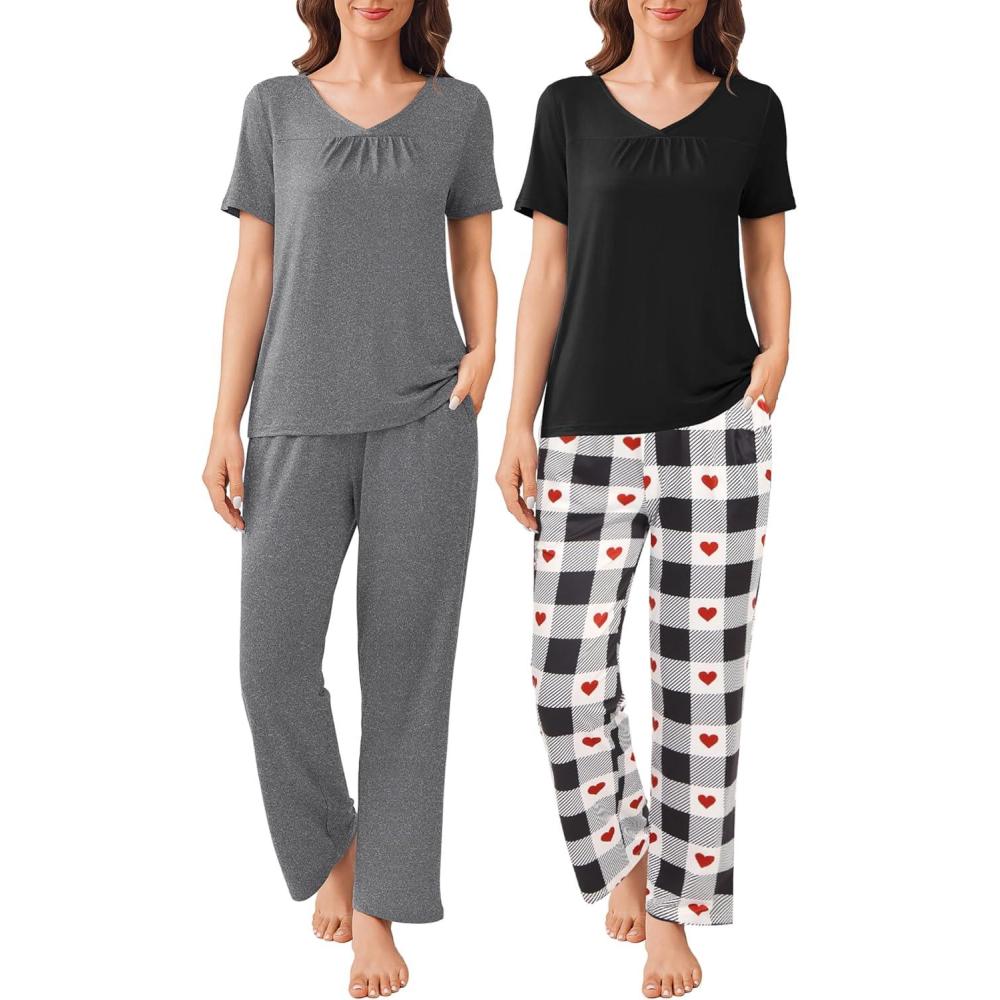 imageEkouaer Pajama Sets for Women 2 Pack Short Sleeve with Long Pant Pjs Sleepwear Comfy Lounge Sets with PocketsGreyBlack White