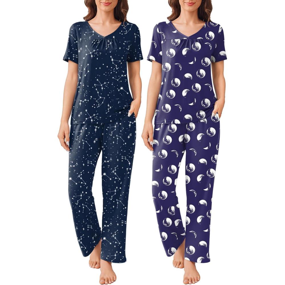 imageEkouaer Pajama Sets for Women 2 Pack Short Sleeve with Long Pant Pjs Sleepwear Comfy Lounge Sets with PocketsNavy MoonBlue Stars