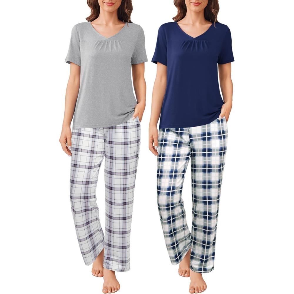 imageEkouaer Pajama Sets for Women 2 Pack Short Sleeve with Long Pant Pjs Sleepwear Comfy Lounge Sets with PocketsNavyGrey Blue