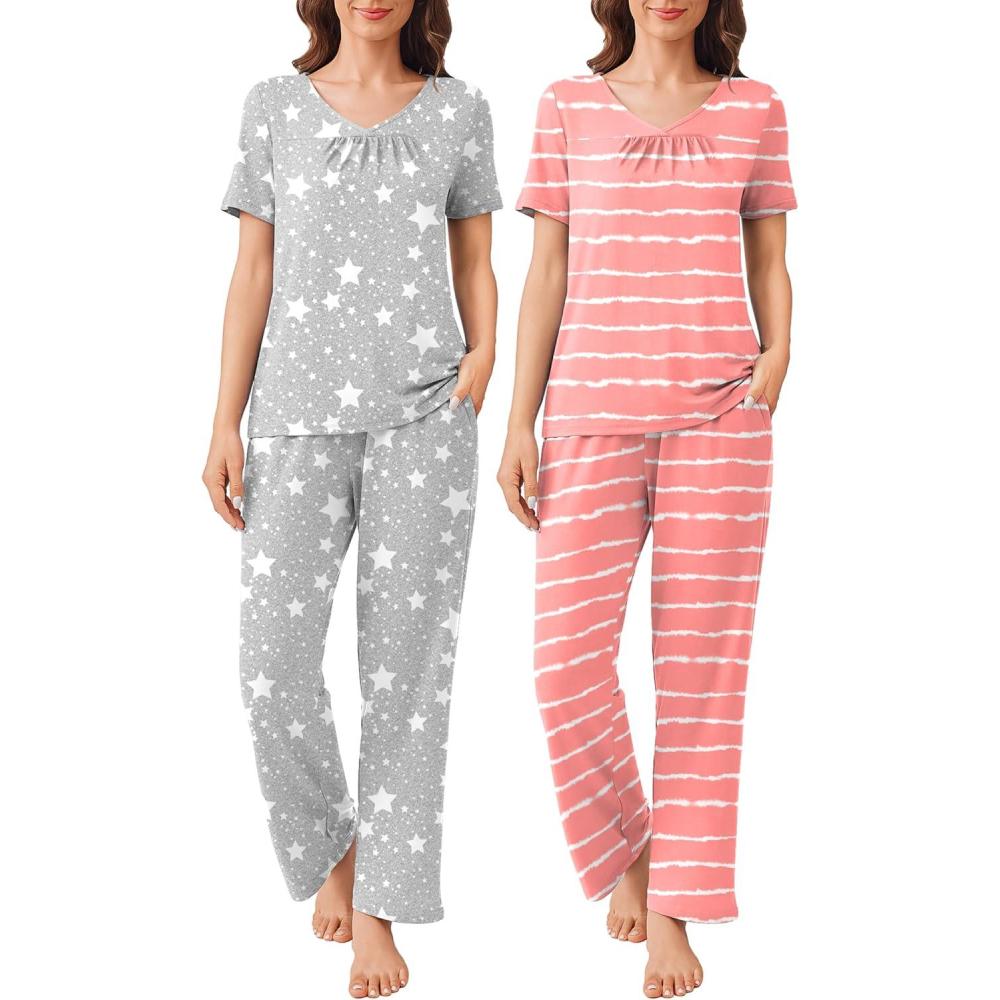 imageEkouaer Pajama Sets for Women 2 Pack Short Sleeve with Long Pant Pjs Sleepwear Comfy Lounge Sets with PocketsPink StripeGrey Stars