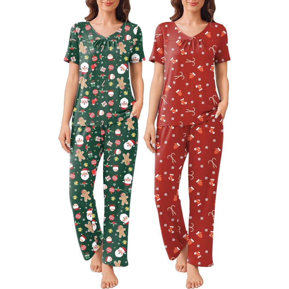 imageEkouaer Pajama Sets for Women 2 Pack Short Sleeve with Long Pant Pjs Sleepwear Comfy Lounge Sets with PocketsRedGreen