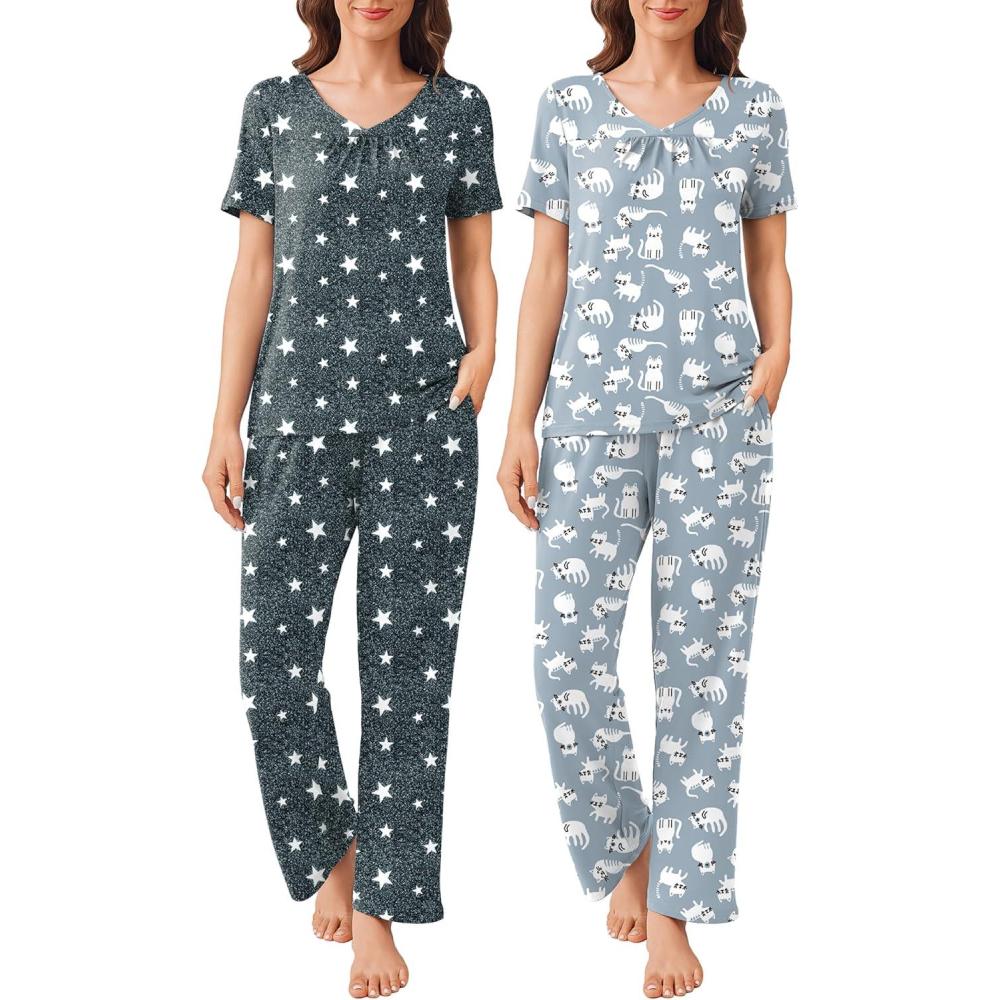 imageEkouaer Pajama Sets for Women 2 Pack Short Sleeve with Long Pant Pjs Sleepwear Comfy Lounge Sets with PocketsSlate StarGrey Cat