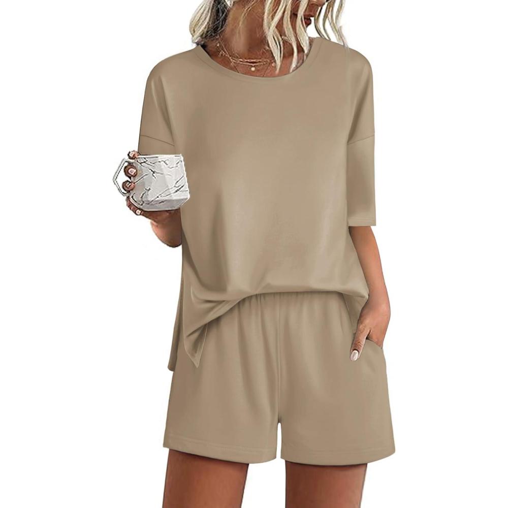 imageEkouaer Pajamas for Women Set 2 Piece PJ Soft Comfy Lounge Sets Short Sleeve Tops Shorts Sets Cotton Sleepwear SXXLKhaki