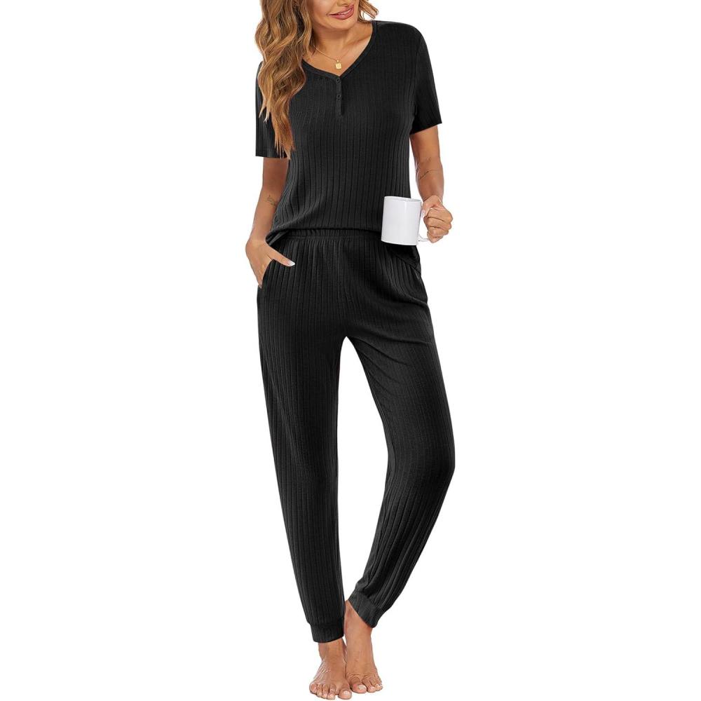 imageEkouaer Pajamas for Women Set 2 Piece Rib Knit Lounge Set Joggers Loungewear Short Sleeve Pjs with PocketsBlack