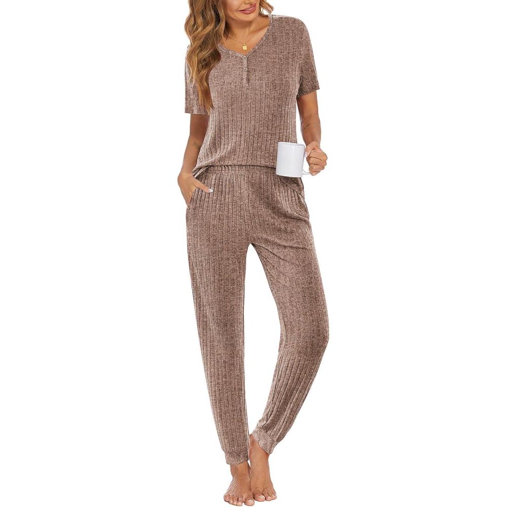 imageEkouaer Pajamas for Women Set 2 Piece Rib Knit Lounge Set Joggers Loungewear Short Sleeve Pjs with PocketsBrown