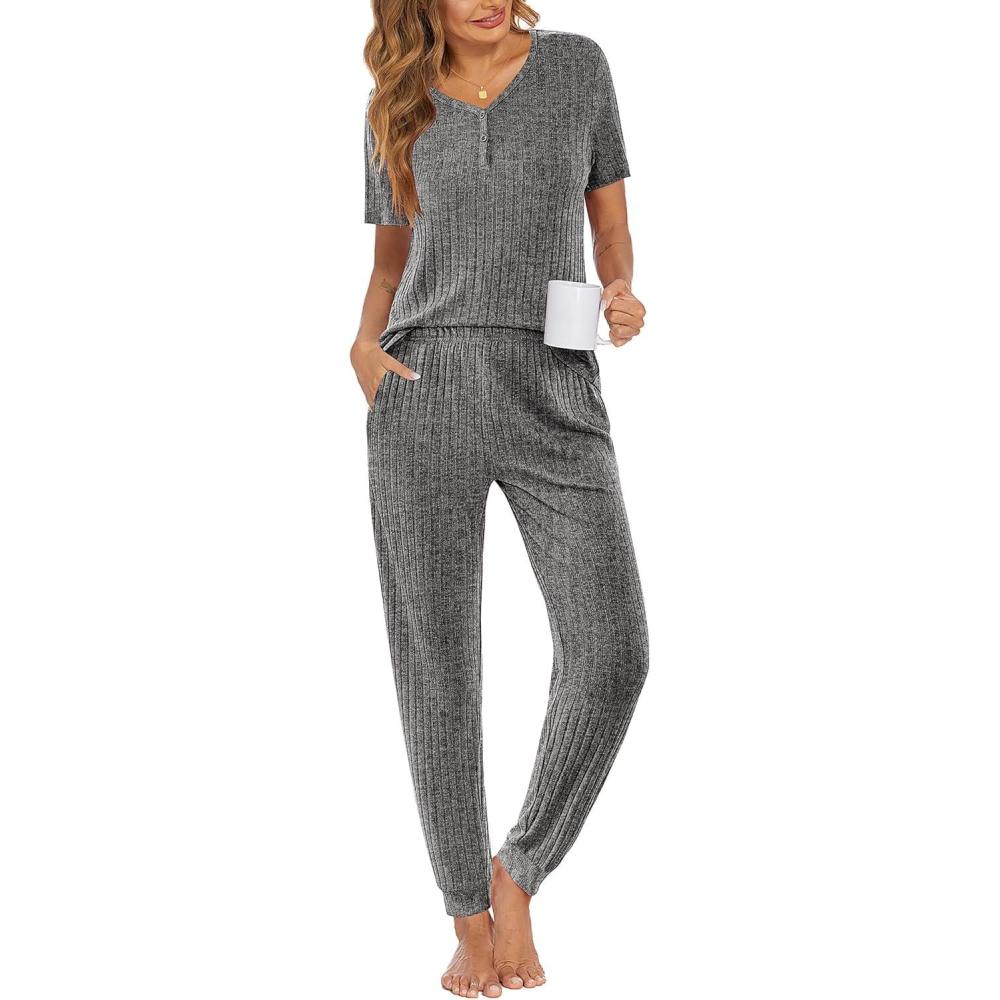 imageEkouaer Pajamas for Women Set 2 Piece Rib Knit Lounge Set Joggers Loungewear Short Sleeve Pjs with PocketsGray
