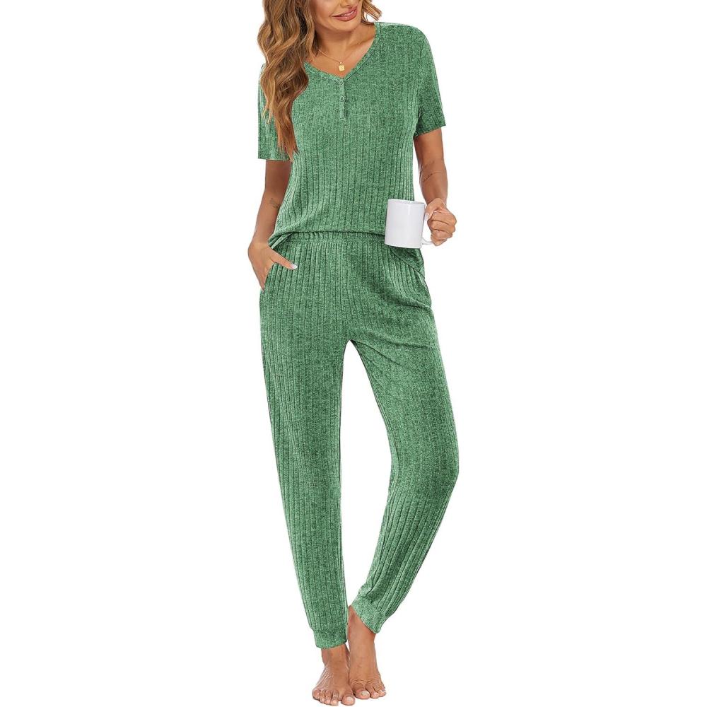imageEkouaer Pajamas for Women Set 2 Piece Rib Knit Lounge Set Joggers Loungewear Short Sleeve Pjs with PocketsGreen