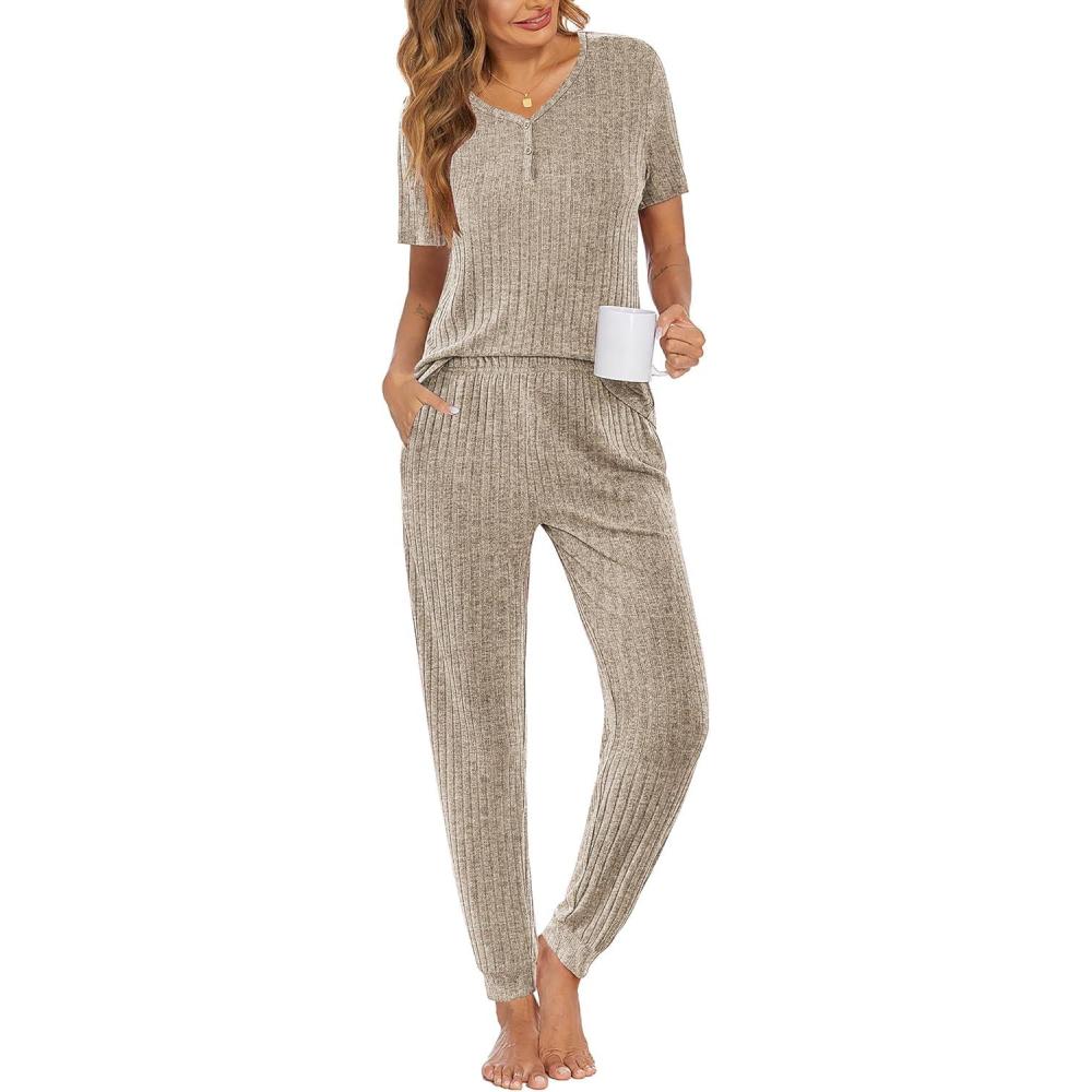 imageEkouaer Pajamas for Women Set 2 Piece Rib Knit Lounge Set Joggers Loungewear Short Sleeve Pjs with PocketsKhaki
