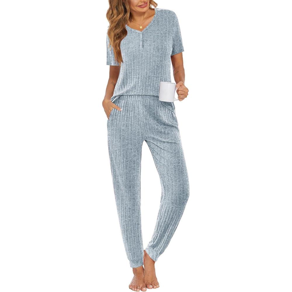 imageEkouaer Pajamas for Women Set 2 Piece Rib Knit Lounge Set Joggers Loungewear Short Sleeve Pjs with PocketsLight Blue