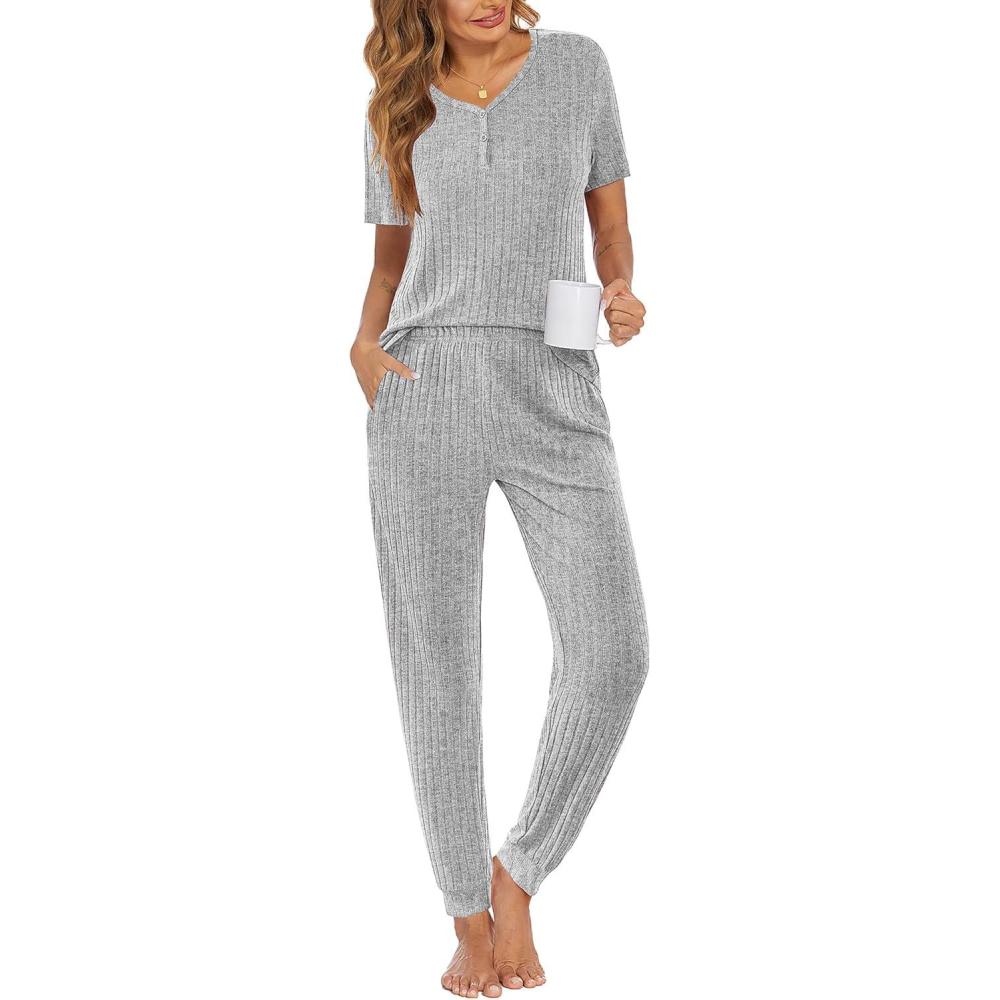 imageEkouaer Pajamas for Women Set 2 Piece Rib Knit Lounge Set Joggers Loungewear Short Sleeve Pjs with PocketsLight Gray
