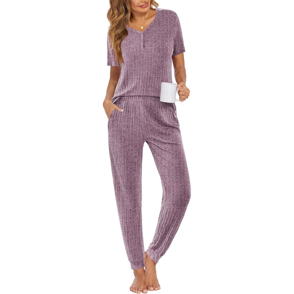 imageEkouaer Pajamas for Women Set 2 Piece Rib Knit Lounge Set Joggers Loungewear Short Sleeve Pjs with PocketsPurple