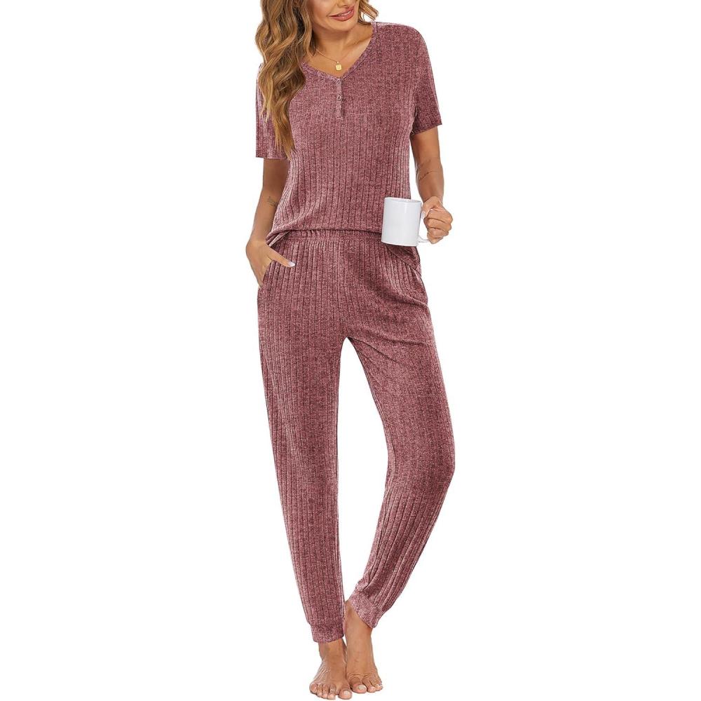 imageEkouaer Pajamas for Women Set 2 Piece Rib Knit Lounge Set Joggers Loungewear Short Sleeve Pjs with PocketsWine Red