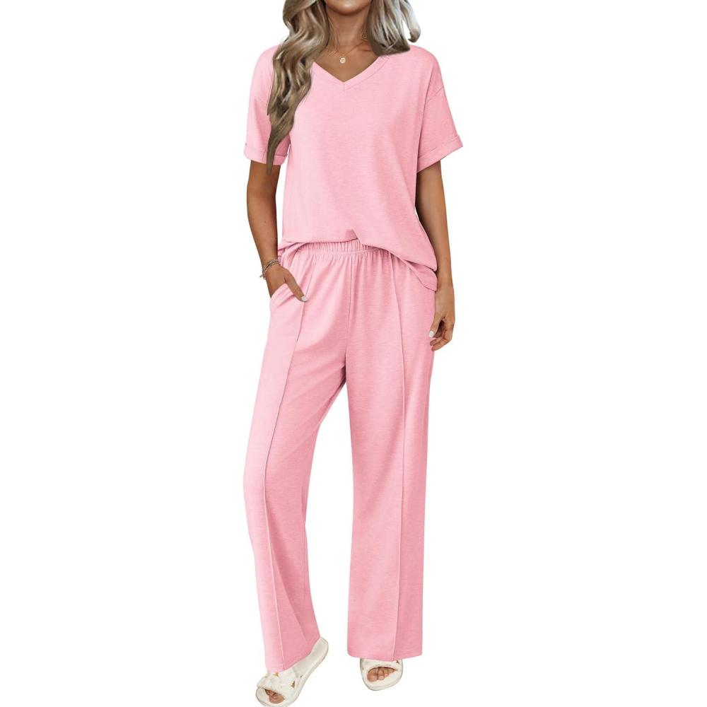imageEkouaer Pajamas for Women Set 2 Piece Short Sleeve Tops with Long Pants V Neck Soft Pjs Casual Lounge Set with PocketsPink