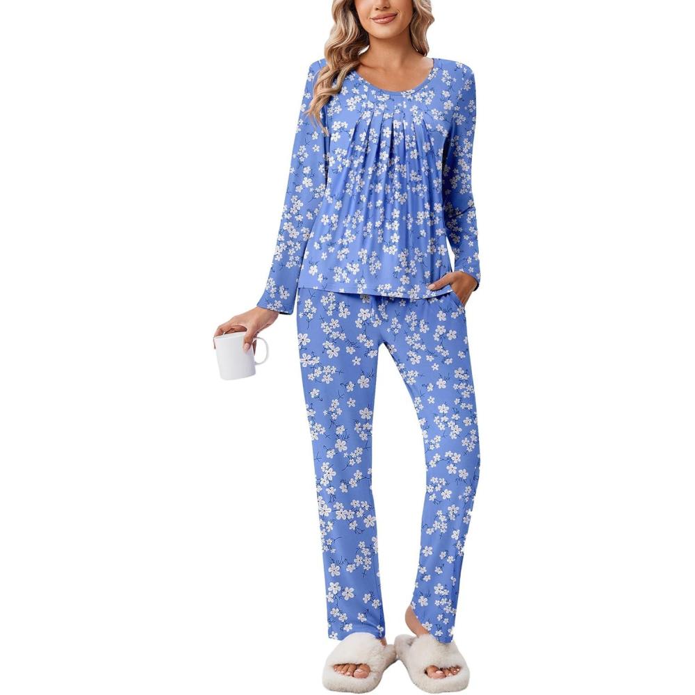 imageEkouaer Pajamas for Women Set Soft 2 Piece Pjs Long Sleeve Sleep Set Loungewear With PocketBluewihte Flower
