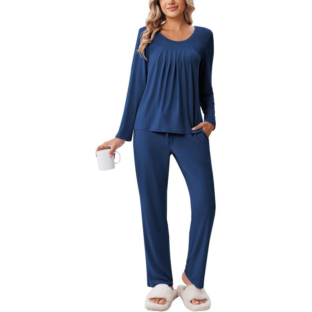 imageEkouaer Pajamas for Women Set Soft 2 Piece Pjs Long Sleeve Sleep Set Loungewear With PocketCobalt Blue