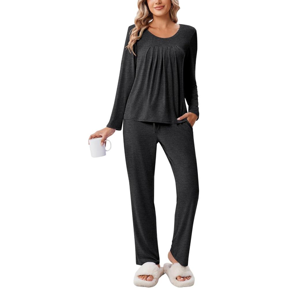 imageEkouaer Pajamas for Women Set Soft 2 Piece Pjs Long Sleeve Sleep Set Loungewear With PocketDark Grey