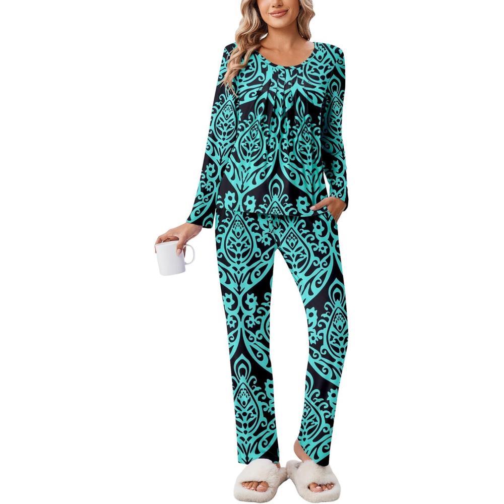 imageEkouaer Pajamas for Women Set Soft 2 Piece Pjs Long Sleeve Sleep Set Loungewear With PocketGeometry