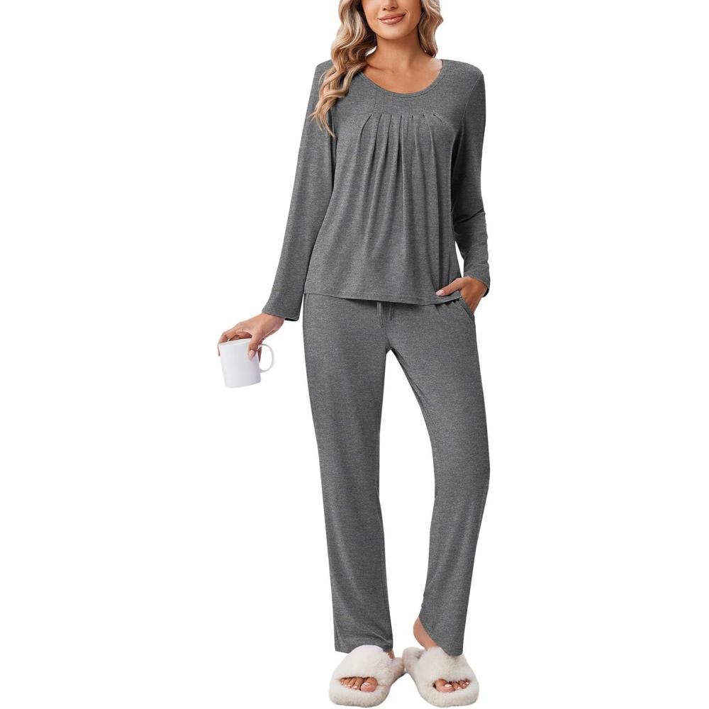 imageEkouaer Pajamas for Women Set Soft 2 Piece Pjs Long Sleeve Sleep Set Loungewear With PocketMgrey