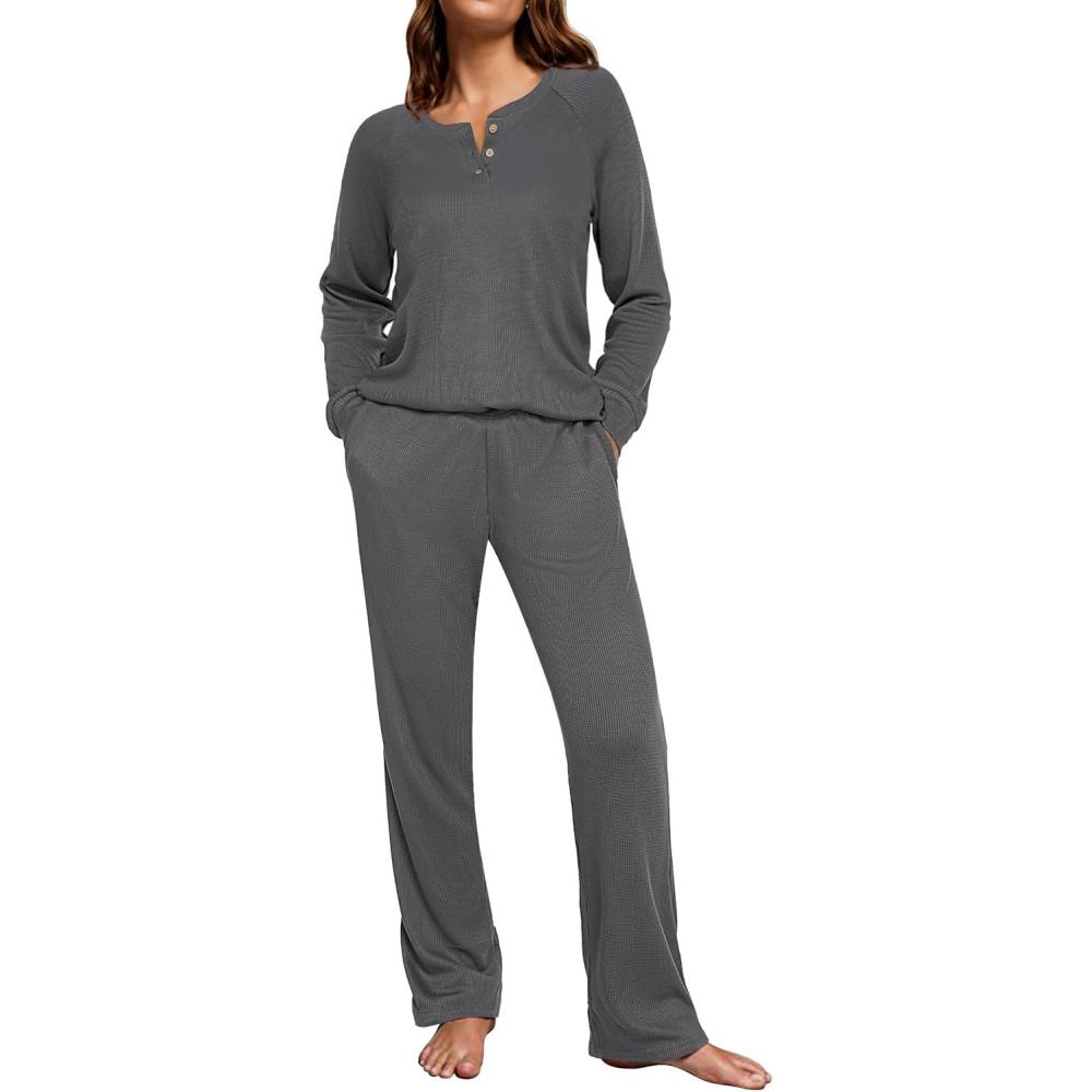 imageEkouaer Waffle Knit Pajamas for Women Set Long Sleeve Pants Pj Henley Tops Lounge Sets Comfy Sleepwear with PocketsDeep Grey