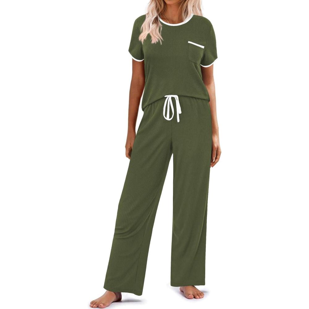 imageEkouaer Women Lounge Pajamas Sets Ribbed Knit PJ Short Sleeve and Long Pajama Pant Soft 2 Piece Sleepwear Loungwear SetArmy Green